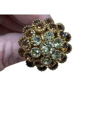 Vintage Gold Tone Rhinestone Hat Pin Brooch Clear + Amber Crystal 4.5" Art Deco